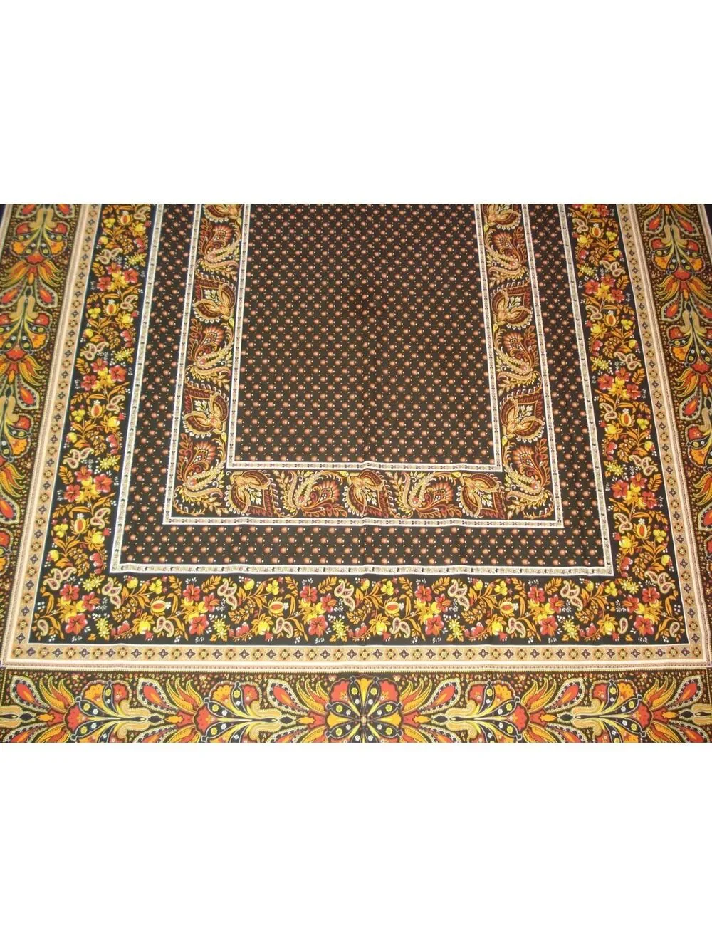 French Orange, Blk, Red & Yellow Floral & Leaf Cotton Tablecloth 95.5
